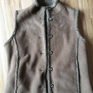 LL Bean Faux Suede Leather Vest Brown Taupe Sherpa Lined Women's Size Large Y2K